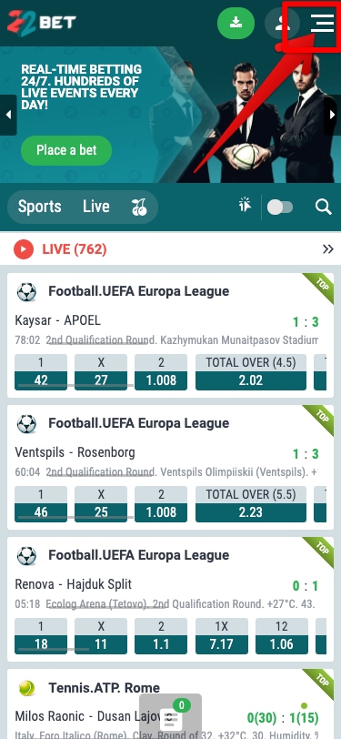 22bet betting app screenshot showing where to find the menu