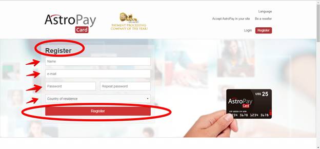 AstroPay screenshot showing the first stage of registration