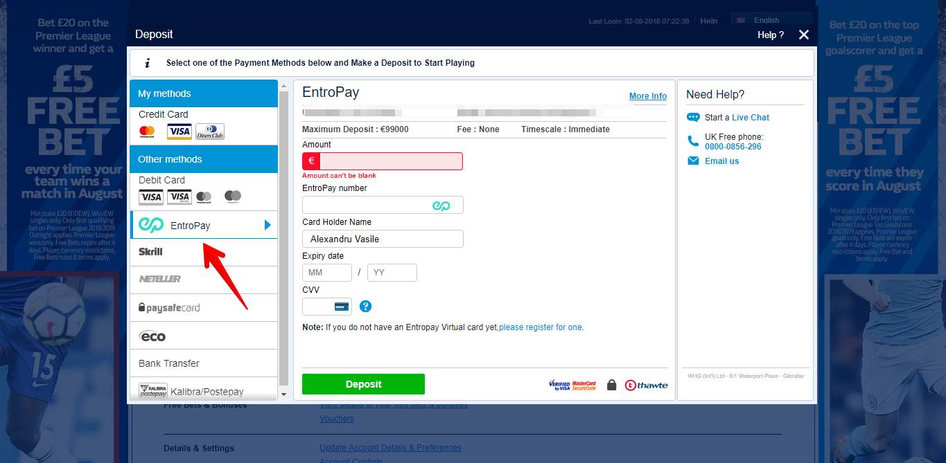William Hill screenshot displaying where to find Entropay in deposit methods list