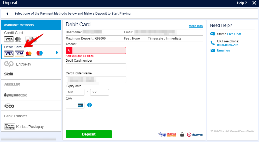 William Hill screenshot showing the Debit Card option on the deposit page