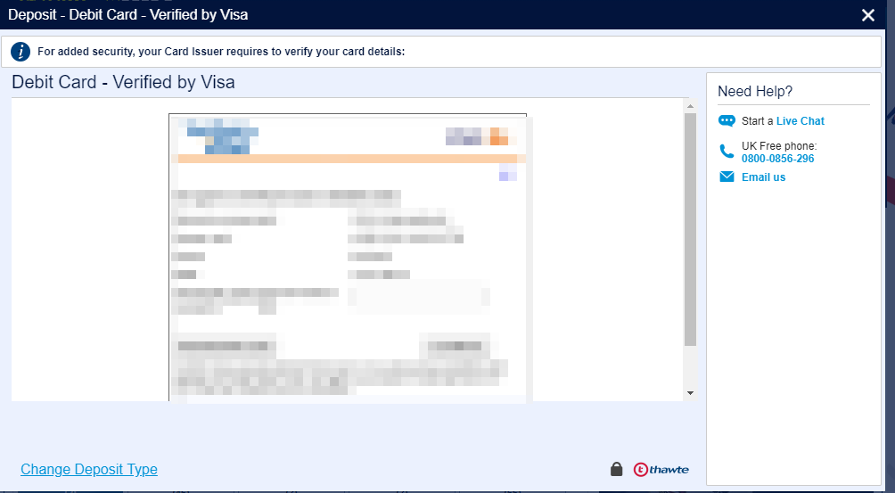 William Hill screenshot showing 3D secure confirmation after debit card deposit