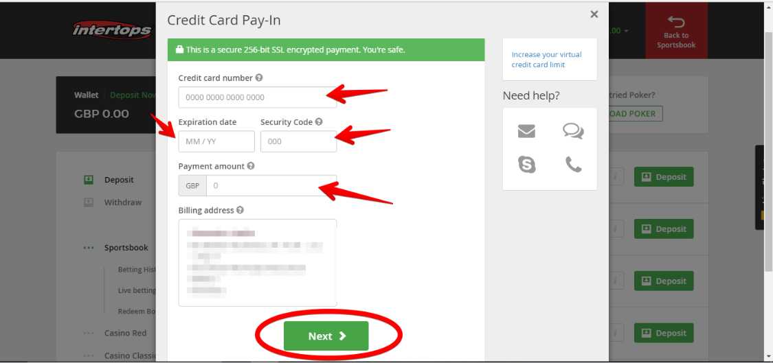 Intertop screenshot showing where to enter Amex card details for deposit