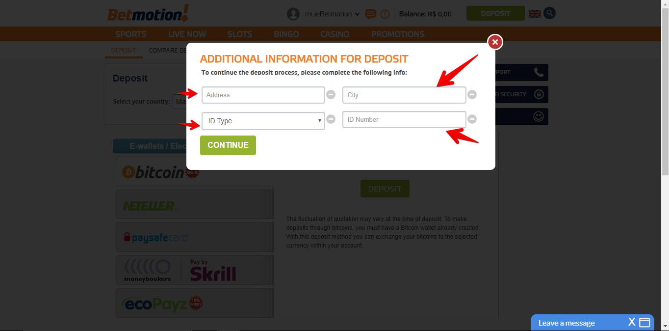 betmotion screenshot showing users what additional information is requested in the cashier section when trying to make a bitcoin deposit