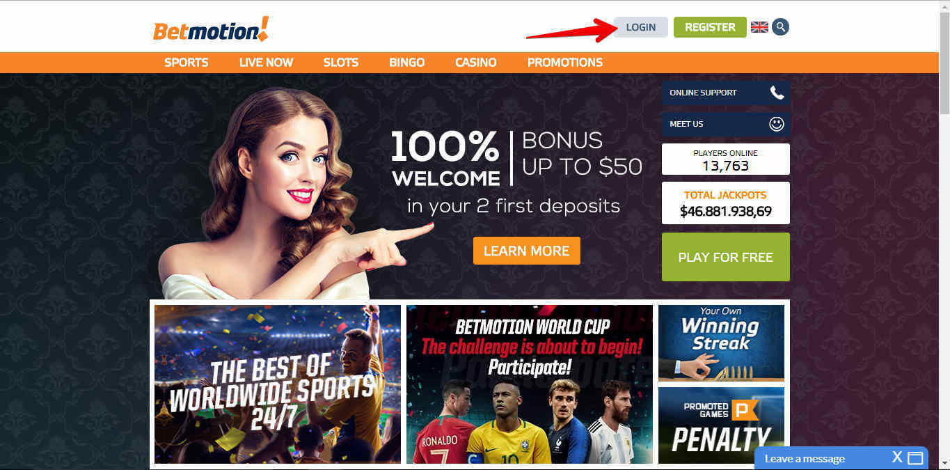 BetMotion landing page screenshot with an arrow directing users where to log in