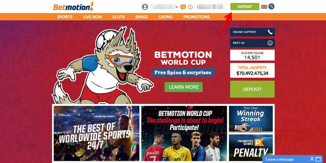 Screenshot of betmotion showing users where to find the "deposit" button once logged in