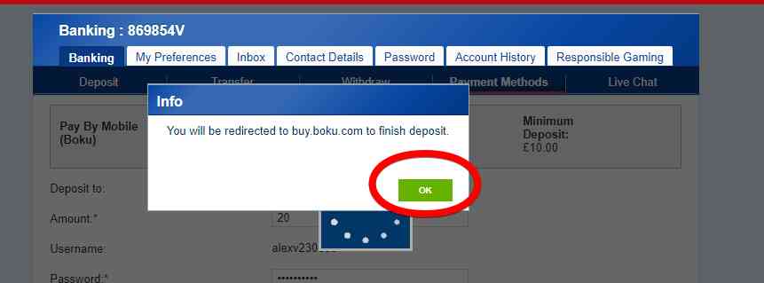 Boylesports screenshot displaying notification that user will be redirected to the Boku website to confirm deposit