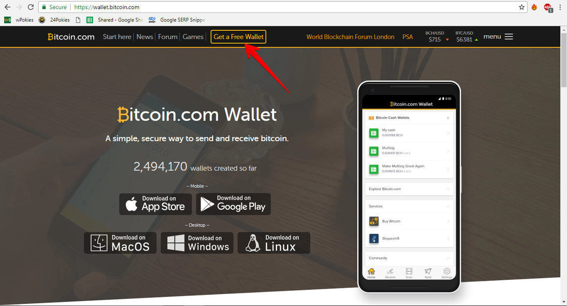 screenshot of wallet.bitcoin.com illustrating the "get a free wallet" button