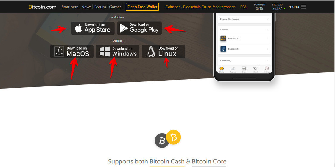 bitcoin.com screenshot showing the array of options available for bitcoin wallets