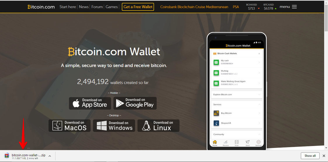 bitcoin.com screenshot showing the download progress of the zipped bitcoin wallet file