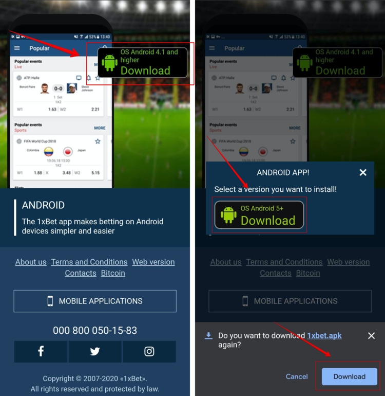 side-by-side screenshots of the 1xBet website on an Android phone displaying how to download the apk installer file for the 1xBet betting app in India