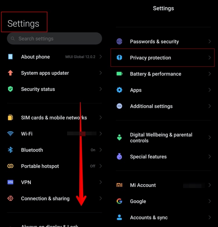 two screenshots of the setting menu on an Android phone showing where to find the "Privacy Protection" tab