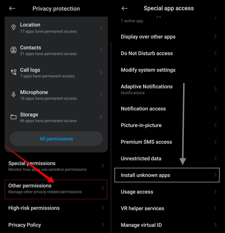 2 screenshots from within the Privacy Protection section of an Android phone's settings menu illustrating where to tap to enable unknown app installations