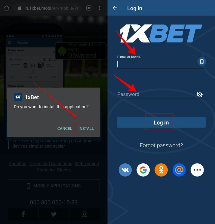 two mobile screenshots displaying how to install an .apk file and how to log in to the 1xBet sport betting app