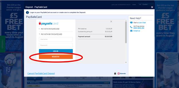 William Hill screenshot displaying PaysafeCard pop-up where users can register a new Paysafecard account