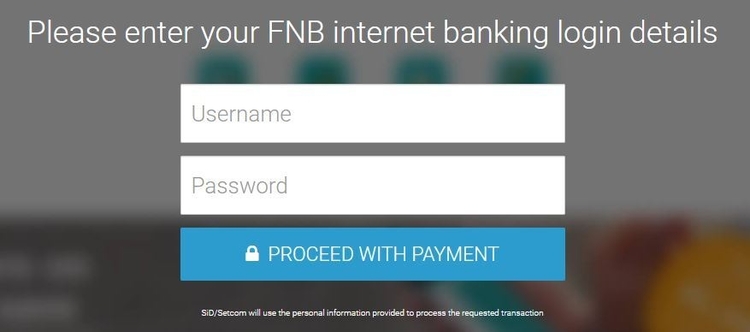Screenshot displaying the First National Bank log in screen to be able to proceed with an SiD Instant EFT betting deposit
